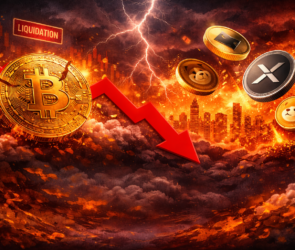 Bitunix A fiery, stormy scene shows a large red downward arrow crashing through a Bitcoin symbol, capturing the chaos of a crypto crash, with other cryptocurrency coins and a “liquidation” sign above a burning city skyline in the background.