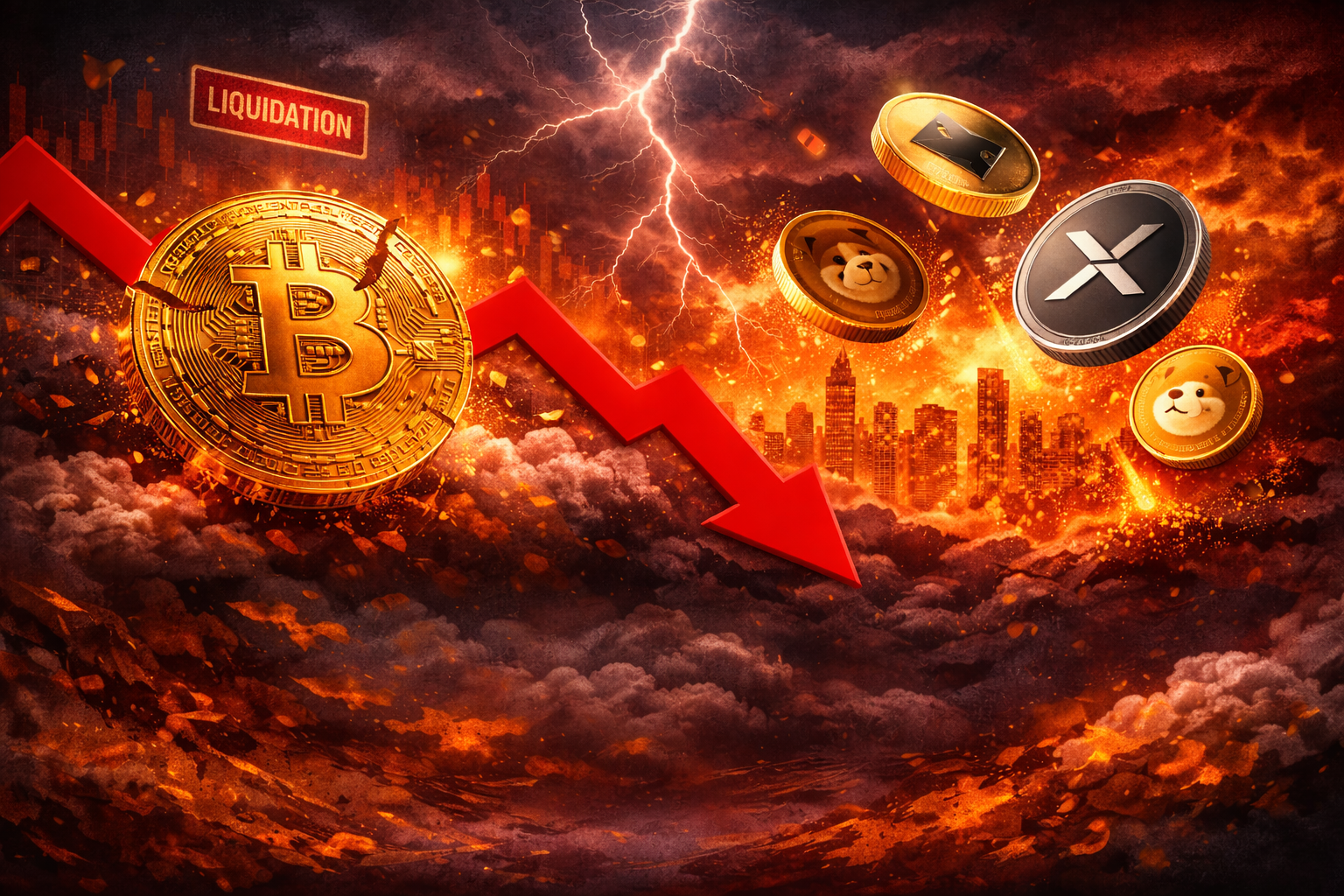 Bitunix A fiery, stormy scene shows a large red downward arrow crashing through a Bitcoin symbol, capturing the chaos of a crypto crash, with other cryptocurrency coins and a “liquidation” sign above a burning city skyline in the background.
