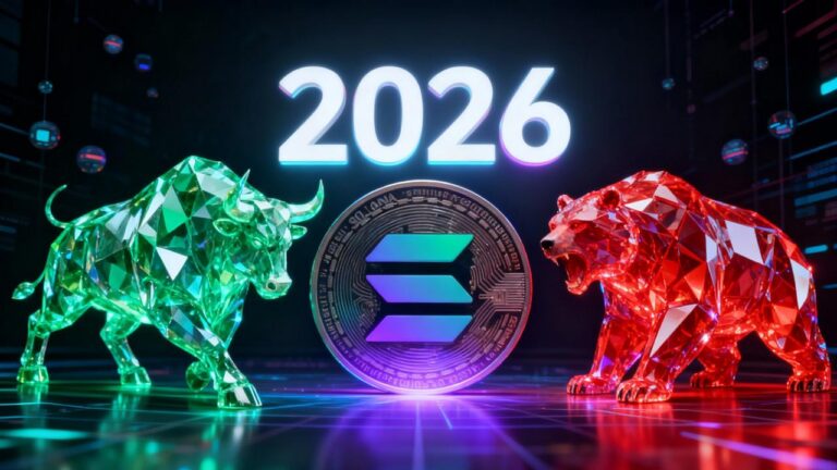Bitunix A glowing green bull and a red bear made of glass flank a Solana coin, with 2026 illuminated above them on a futuristic digital background, symbolizing bullish and bearish trends in cryptocurrency.