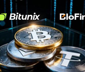 Bitunix Close-up of stacked cryptocurrency coins (Bitcoin, Ethereum, Tether) on a reflective surface. The logos for Bitunix and BloFin are displayed above, with a digital, futuristic background.