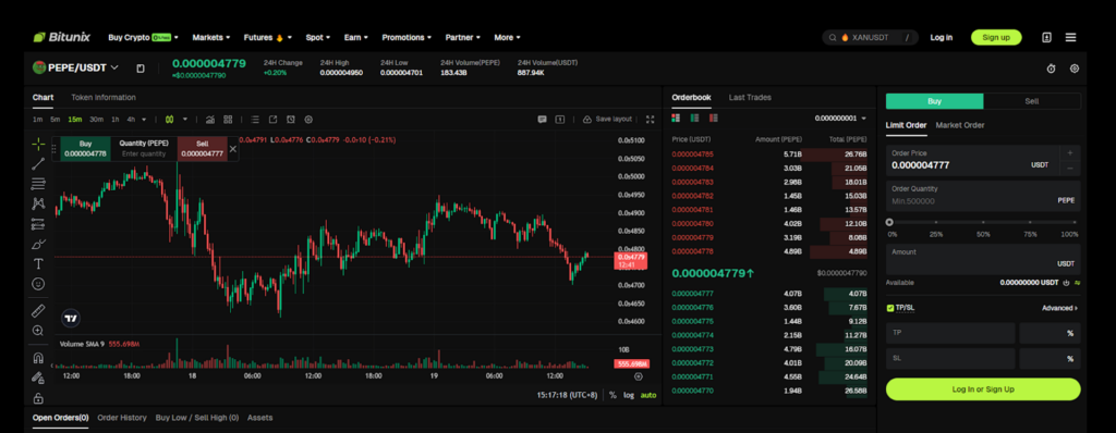 Bitunix One Chart interface enables detailed technical analysis of PEPE to pinpoint precise entry levels. Source: Bitunix.